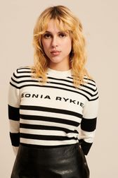 Women - Striped Long Sleeve Pullover with Shoulder Buttons, Black/white details view 1