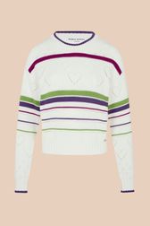 Women - Long sleeve Pullover with openwork details and multicolored stripes
, Ecru front view