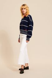 Women - Ivory Pullover with fine stripes and contrasting collar, Black/blue details view 1