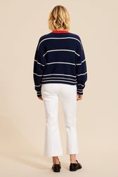 Women - Ivory Pullover with fine stripes and contrasting collar, Black/blue back worn view
