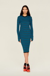 Women Rib Sock Knit Striped Maxi Dress Striped black/pruss.blue front worn view