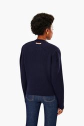 Women - Parma Wool Sweater, Black/blue back worn view
