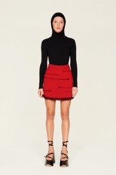 Women Charms Intarsia Wool Mini Skirt Red front worn view
