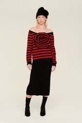 Femme Maille - Pull laine rayé fleur en relief femme, Noir/rouge vue de détail 4
