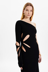 Asymmetrical Long Dress In Openwork Floral Knit For Women Black details view 1