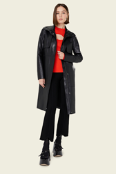 Women Solid - Women Long Black Leather Jacket, Black front worn view