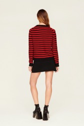 Women Raye - Women Big Poor Boy Striped Sweater, Black/red back worn view