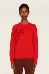 Femme Maille - Pull laine fleur en relief femme, Rouge vue portée de face