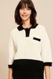 Femme - Polo oversize en coton tricoté à finitions contrastantes, Ecru vue portée de face