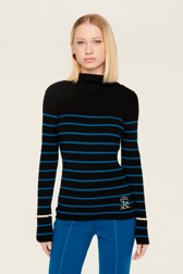 Women Maille - Women Ribbed Wool Hoodie, Striped black/pruss.blue front worn view
