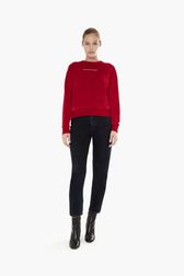 Women Solid - Women Velvet Sweatshirt, Red front worn view