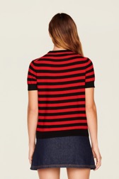 Women Raye - Women Poor Boy Striped Short Sleeve Sweater, Black/red back worn view