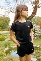 Girls - Sonia Rykiel logo Velvet Girl T-shirt, Black front worn view