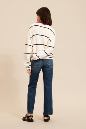 Women Striped Contrast Trim Sweater Ecru back worn view