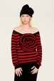 Women Maille - Women Striped Flower Sweater, Black/red front worn view