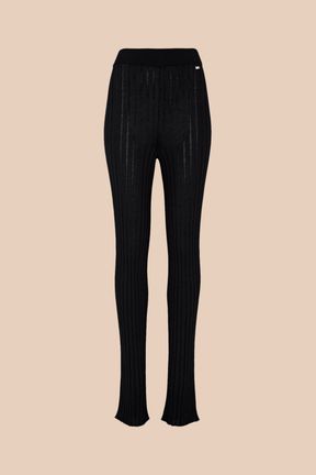Women Ribbed Knit Flare Pants Black front view