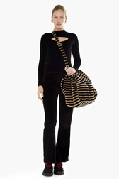 Women Solid - Women Maxi Velvet Bag, Striped black/khaki front worn view