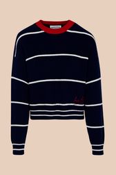 Women - Ivory Pullover with fine stripes and contrasting collar, Black/blue front view