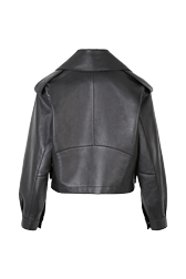 Women Solid - Women Short Leather Black Jacket, Black back view