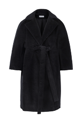 Women Solid - Women Velvet Long Coat, Black front view