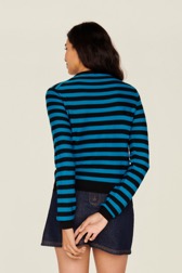 Women Raye - Women Brushed Poor Boy Striped Sweater, Striped black/pruss.blue back worn view