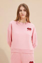 Women - Women Mouth Print Sweatshirt, Pink front worn view