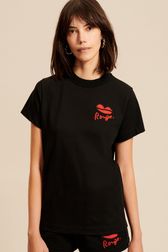 Femme - T-shirt motif bouche femme, Noir vue portée de face