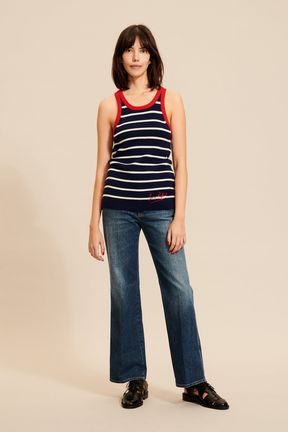 Women - Striped Tank top with contrasting neckline, Black/blue front worn view