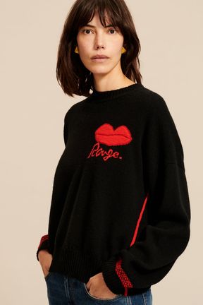 Women - Women Mouth Print Black Sweater, Black front worn view
