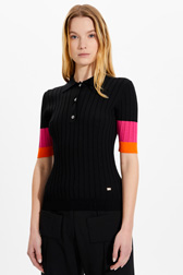 Women Solid - Women Ribbed Viscose Polo Shirt, Black details view 1