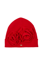 Femme Maille - Bonnet en laine à fleurs femme, Rouge vue de face