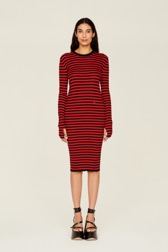 Women Rib Sock Knit Striped Maxi Dress Black/red details view 6