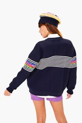 Women - Striped Oversize Sweater, Black/blue back worn view