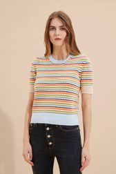 Women - Women Pastel Multicolor Striped Short Sleeve Sweater, Multico details view 1