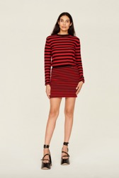 Women Raye - Women Rib Sock Knit Striped Mini Skirt, Black/red front worn view