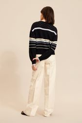 Women - Long sleeve Pullover with openwork details and multicolored stripes, Night blue back worn view
