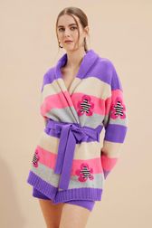 Women - Belted Cardigan with Multicolored Stripes, Lilac front worn view