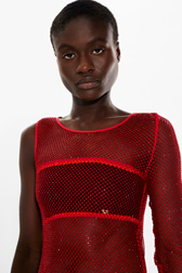 Robe longue asymétrique mesh strassé femme Rouge vue de détail 2