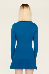 Femme Maille - Pull manches longues en laine côtelée femme, Bleu de prusse vue portée de dos
