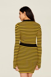 Women Raye - Women Rib Sock Knit Striped Mini Skirt, Striped black/mustard back worn view
