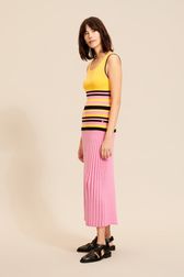 Women - Pink and Multicolored Stripes Tank Top, Orange front worn view