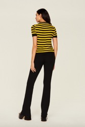 Women Raye - Women Poor Boy Striped Short Sleeve Sweater, Striped black/mustard back worn view