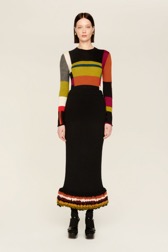 Women Bouclette Wool Long Skirt Multico crea striped front worn view