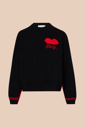 Women - Long sleeve Sweater with Bouche Embroidery, Black front view