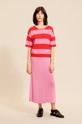 Women - Women Striped Short Sleeve Sweater, Pink front worn view